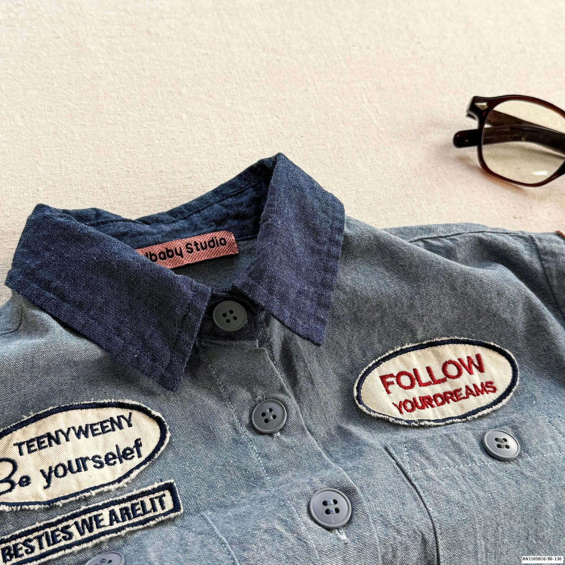 ÁO SƠ MI DENIM PHỐI CỔ  ADBABY