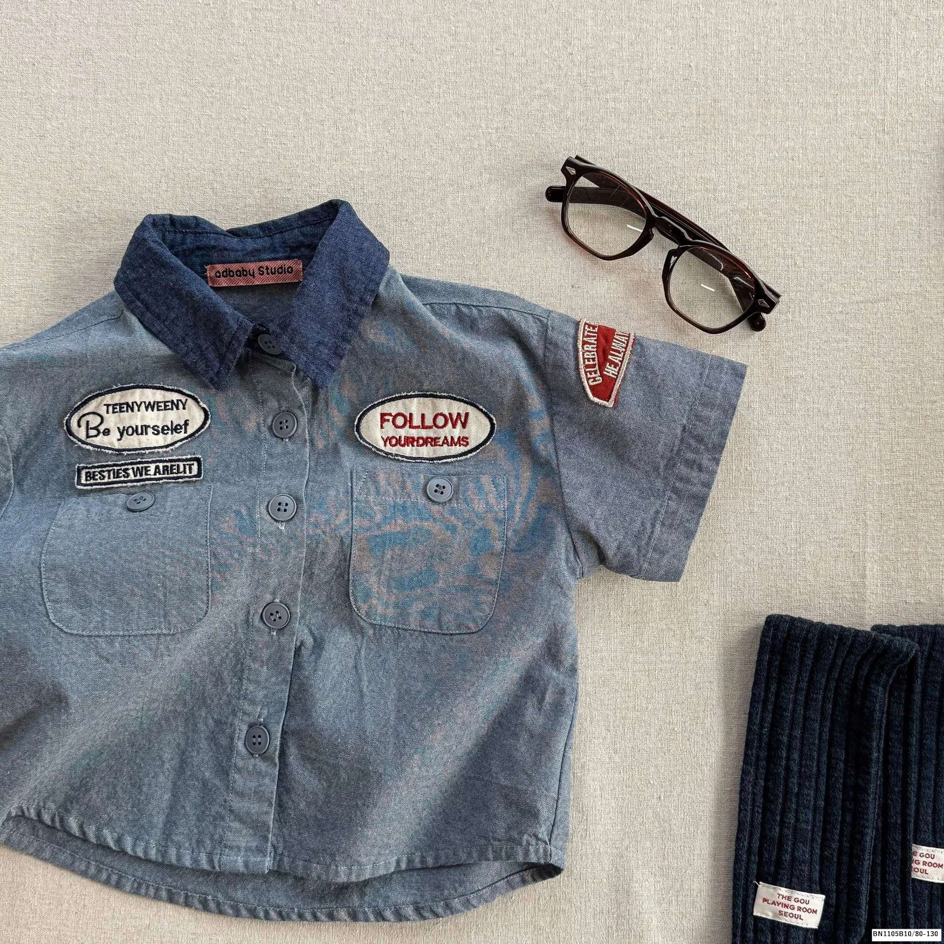 ÁO SƠ MI DENIM PHỐI CỔ  ADBABY