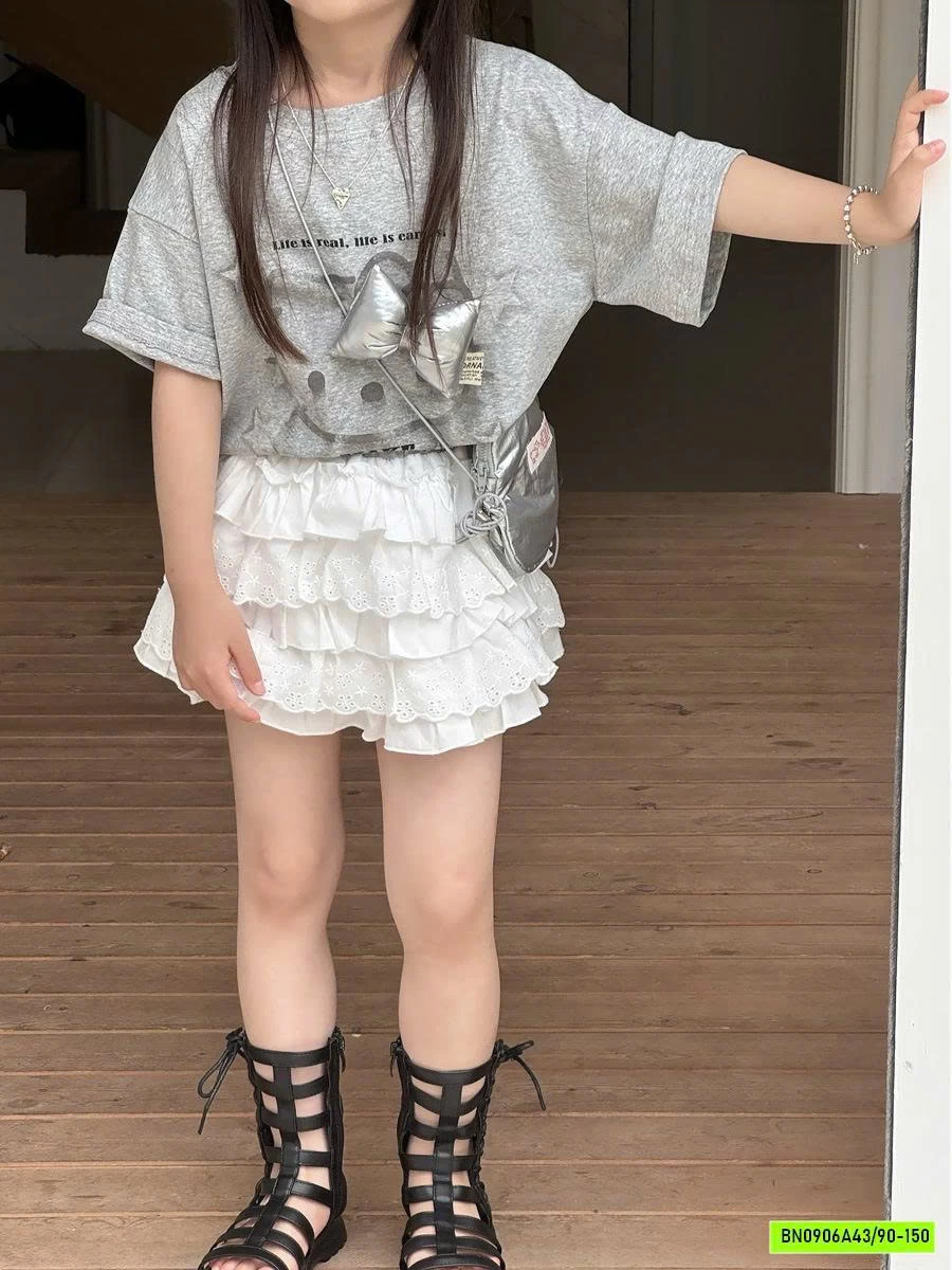 ÁO KITTY XÁM GẮN NƠ MIX CV REN TRẮNG