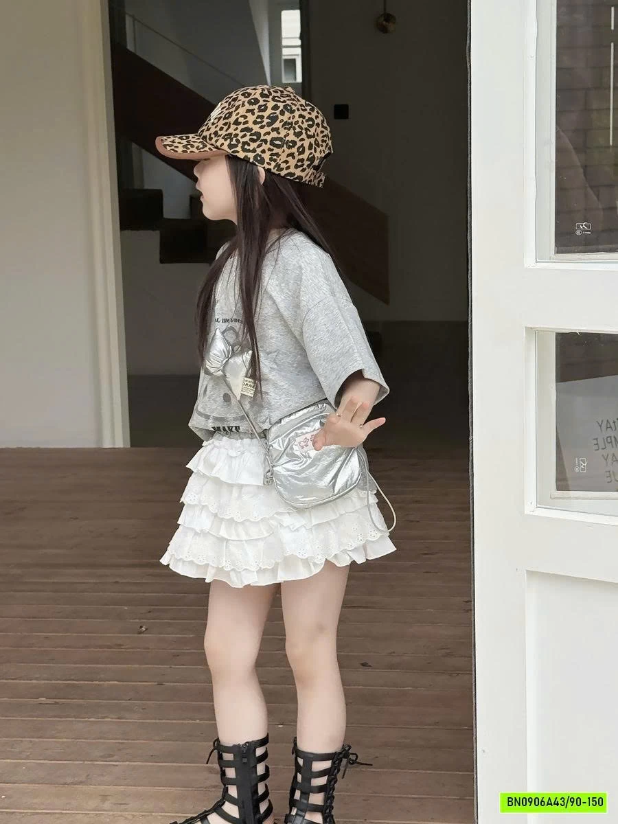 ÁO KITTY XÁM GẮN NƠ MIX CV REN TRẮNG