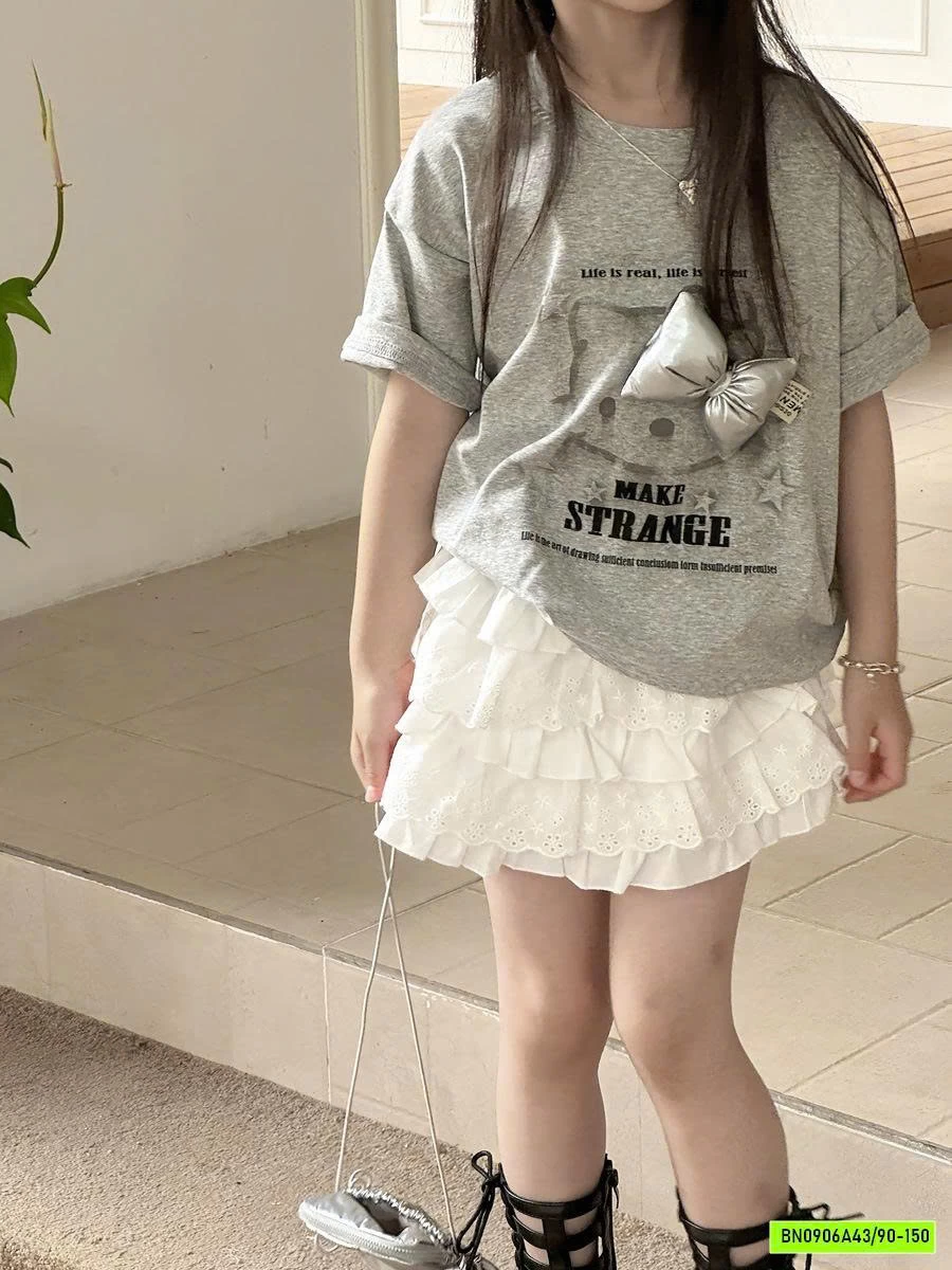 ÁO KITTY XÁM GẮN NƠ MIX CV REN TRẮNG