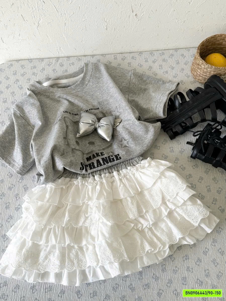 ÁO KITTY XÁM GẮN NƠ MIX CV REN TRẮNG