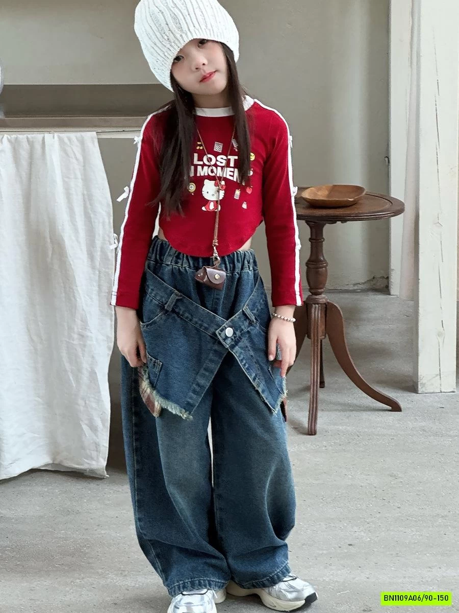 QUẦN JEANS ỐNG RỘNG KÈM VẠT TUA RUA