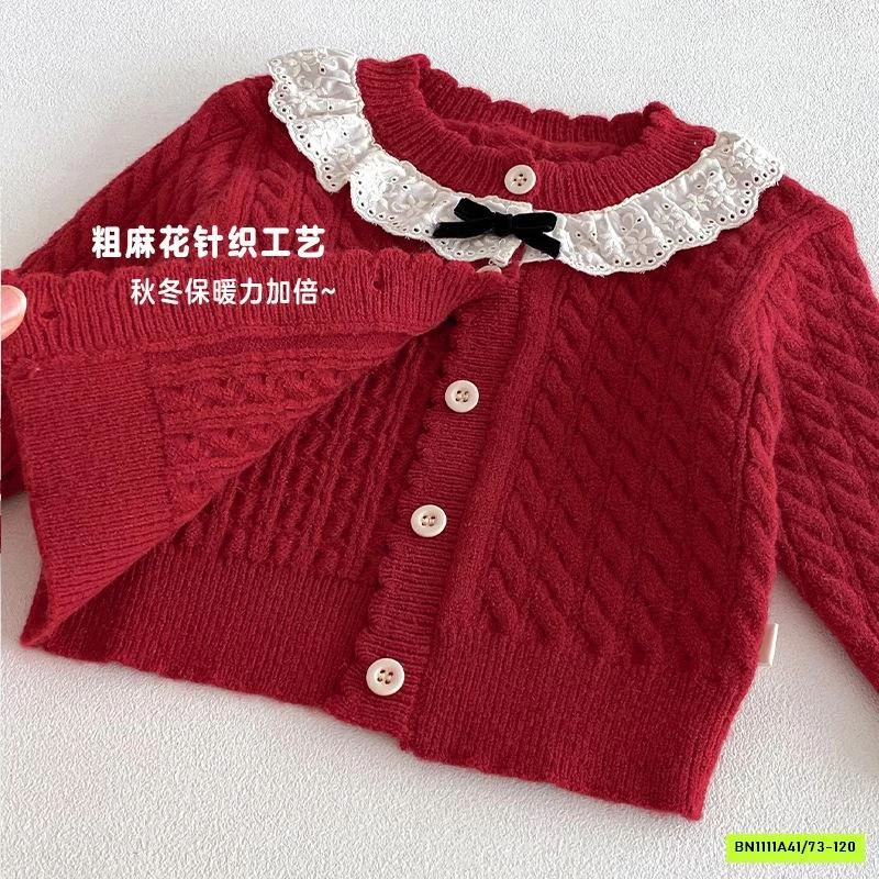 KHOÁC LEN ĐỎ BÉ GÁI CỔ REN