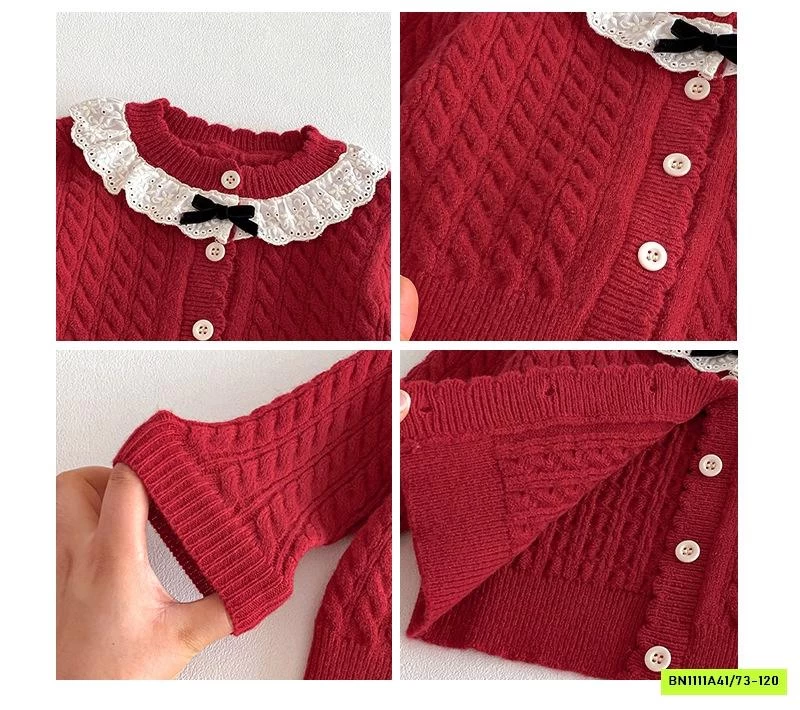 KHOÁC LEN ĐỎ BÉ GÁI CỔ REN