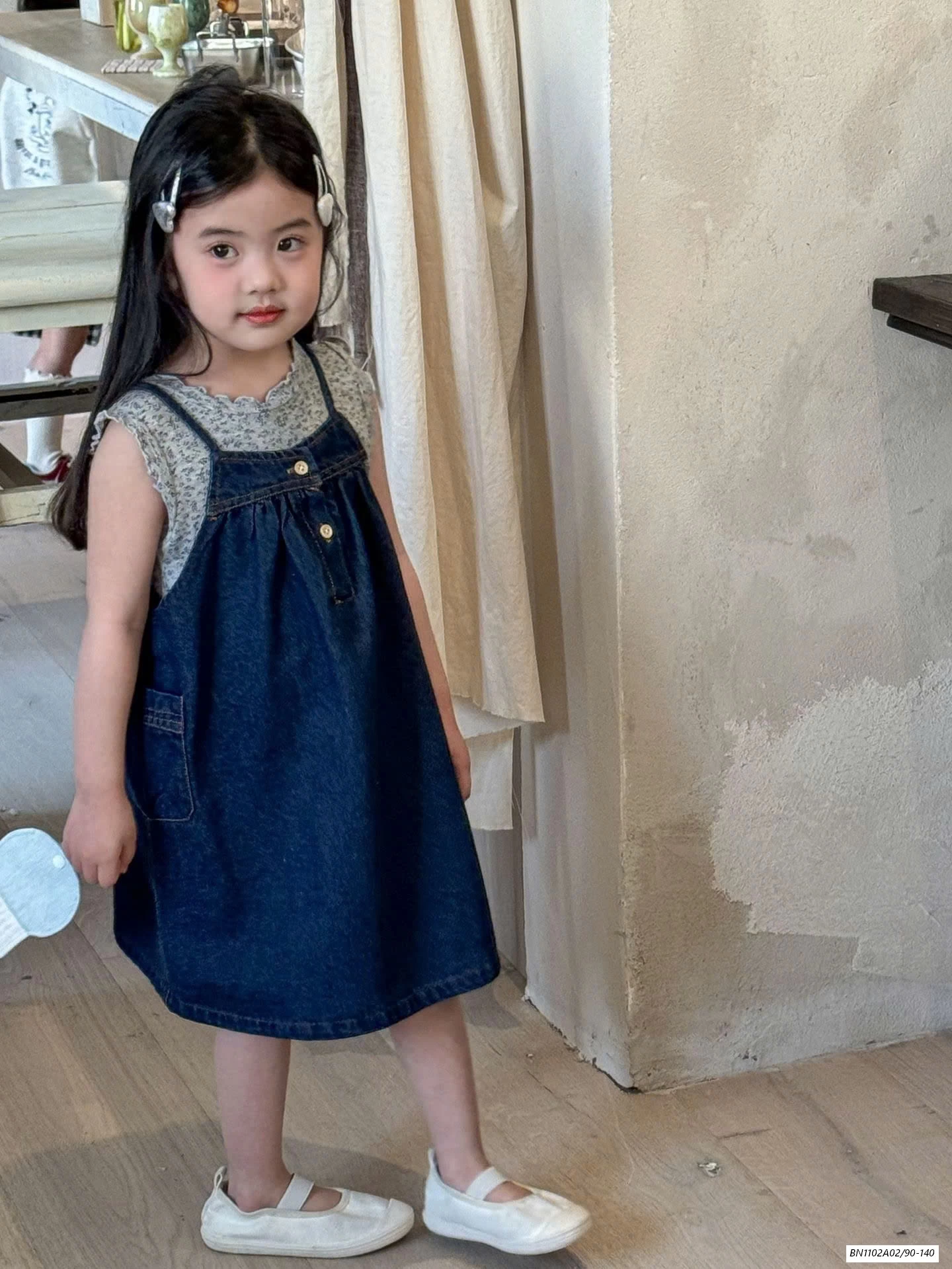 ĐẦM JEANS 2 DÂY MIX ÁO HOA