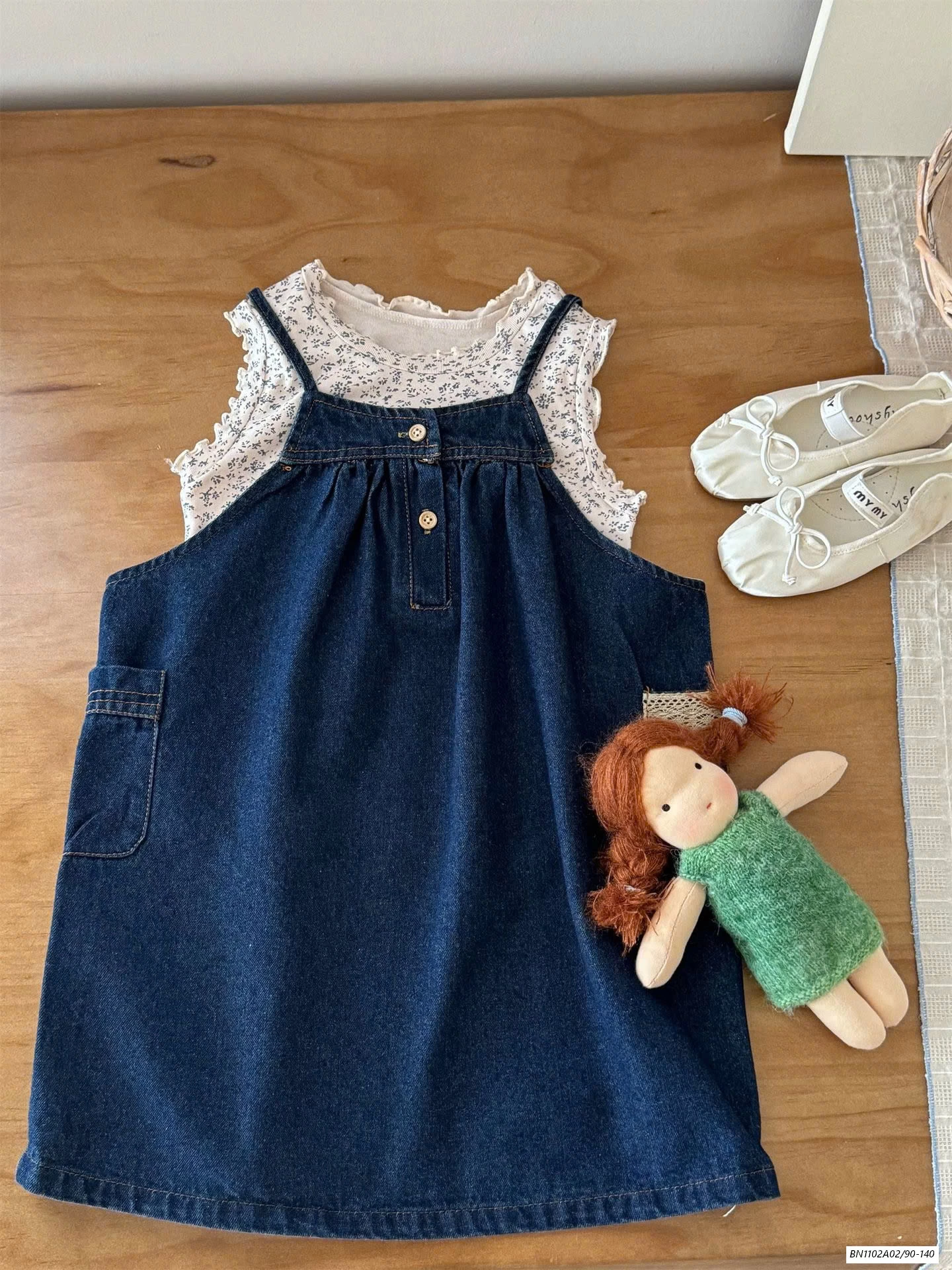 ĐẦM JEANS 2 DÂY MIX ÁO HOA