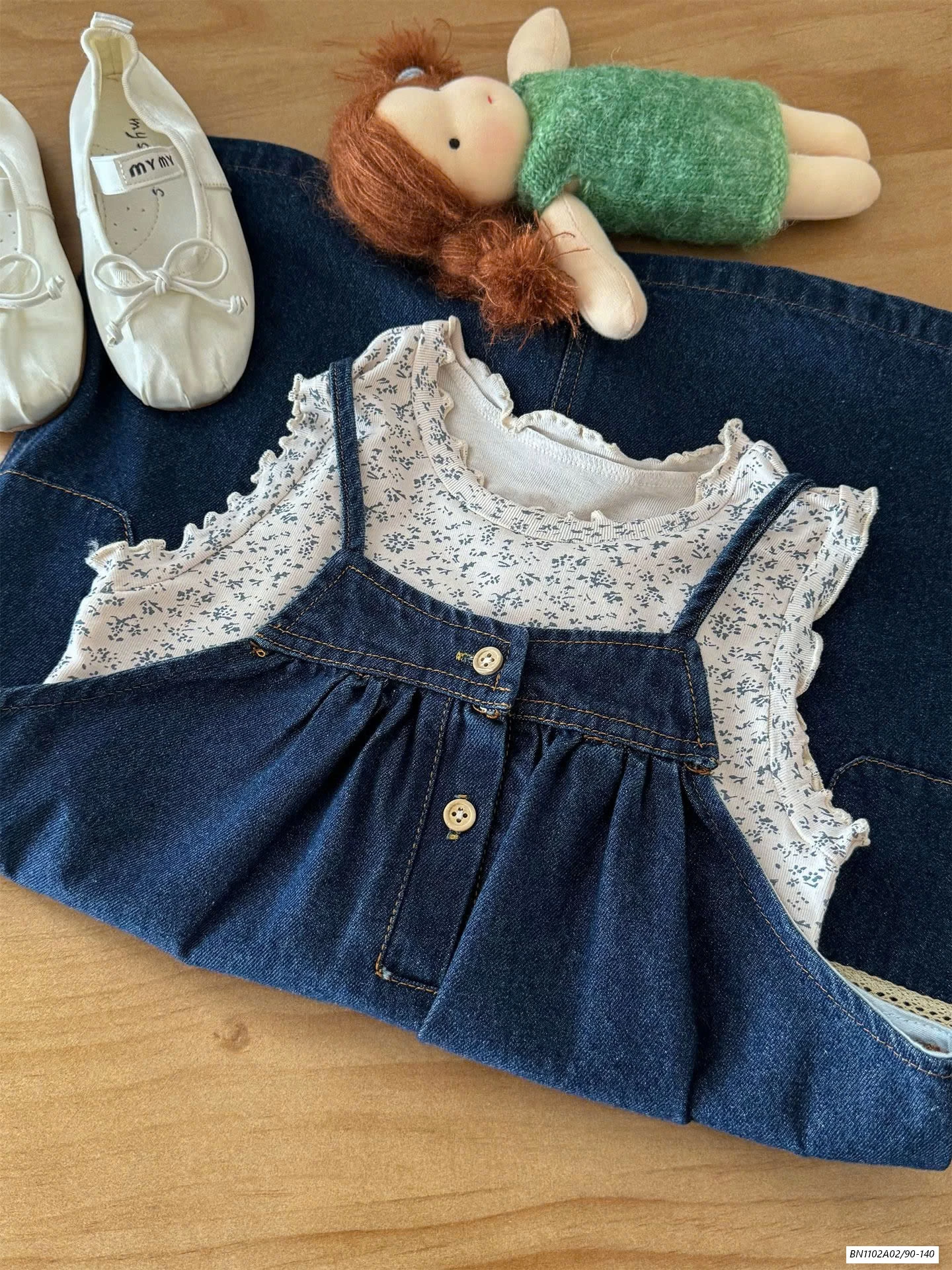 ĐẦM JEANS 2 DÂY MIX ÁO HOA