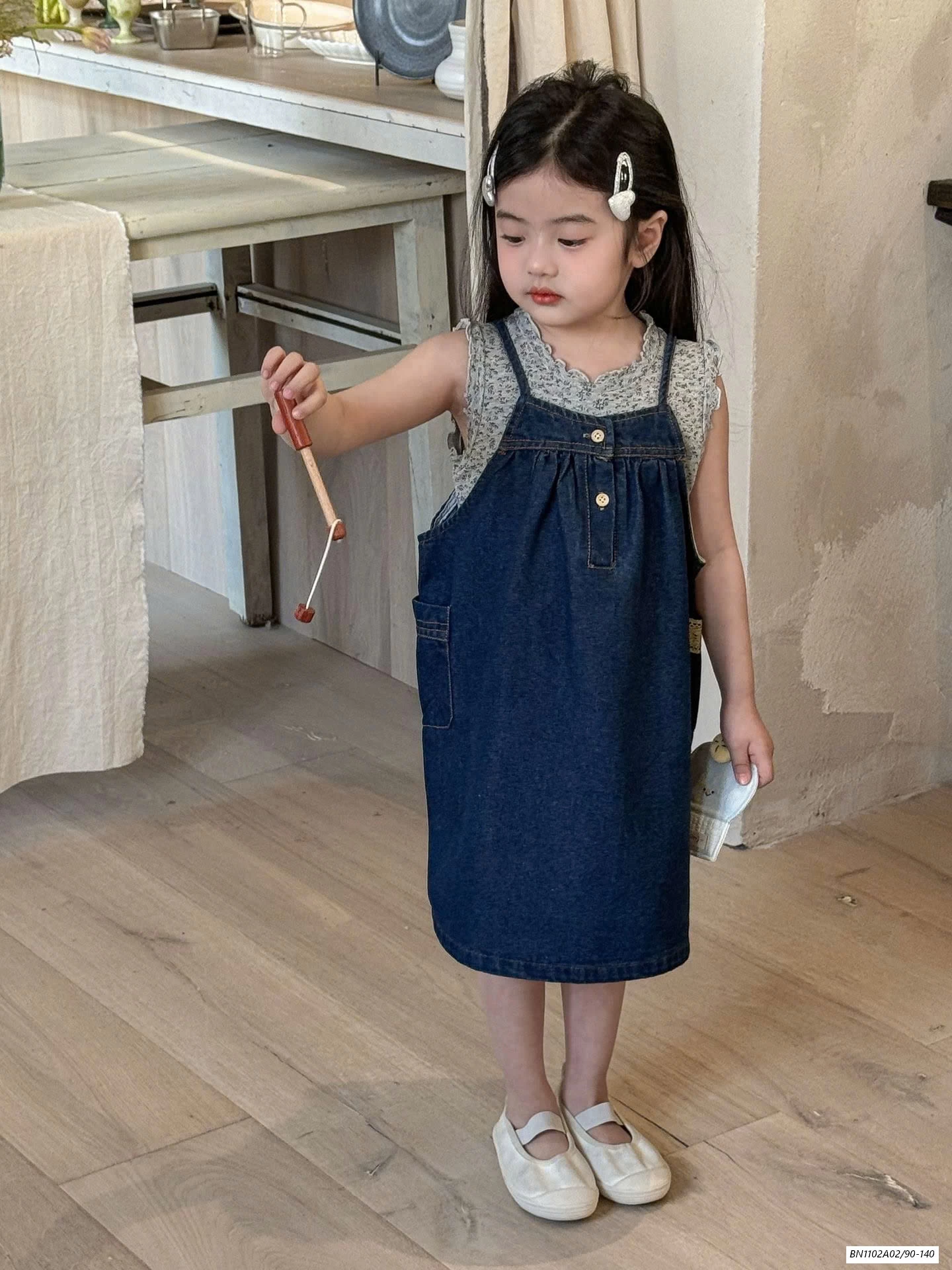 ĐẦM JEANS 2 DÂY MIX ÁO HOA