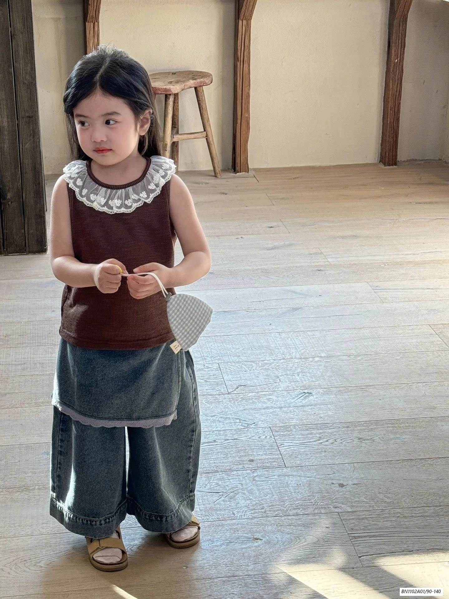 SÉT ÁO GÂN CỔ REN MIX JEANS SUÔNG