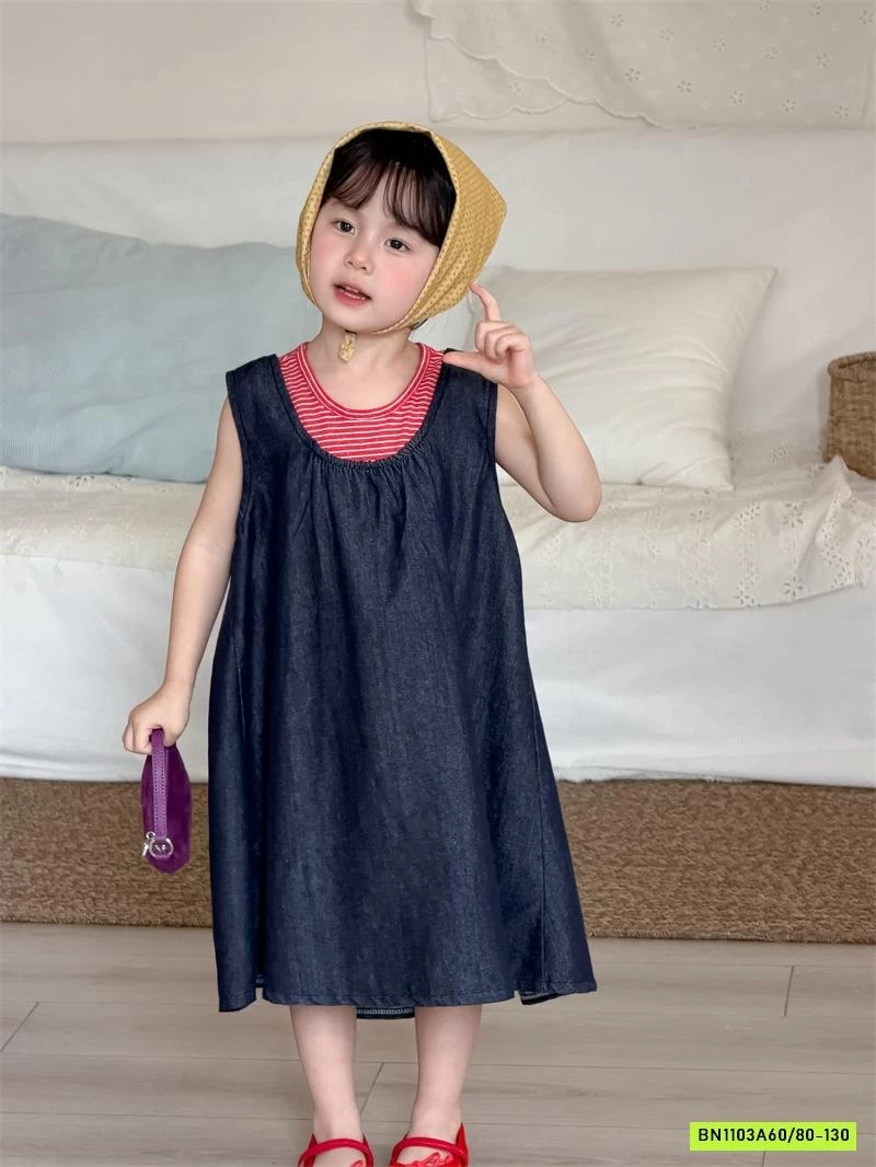 ĐẦM DENIM MIX ÁO KẺ ĐỎ