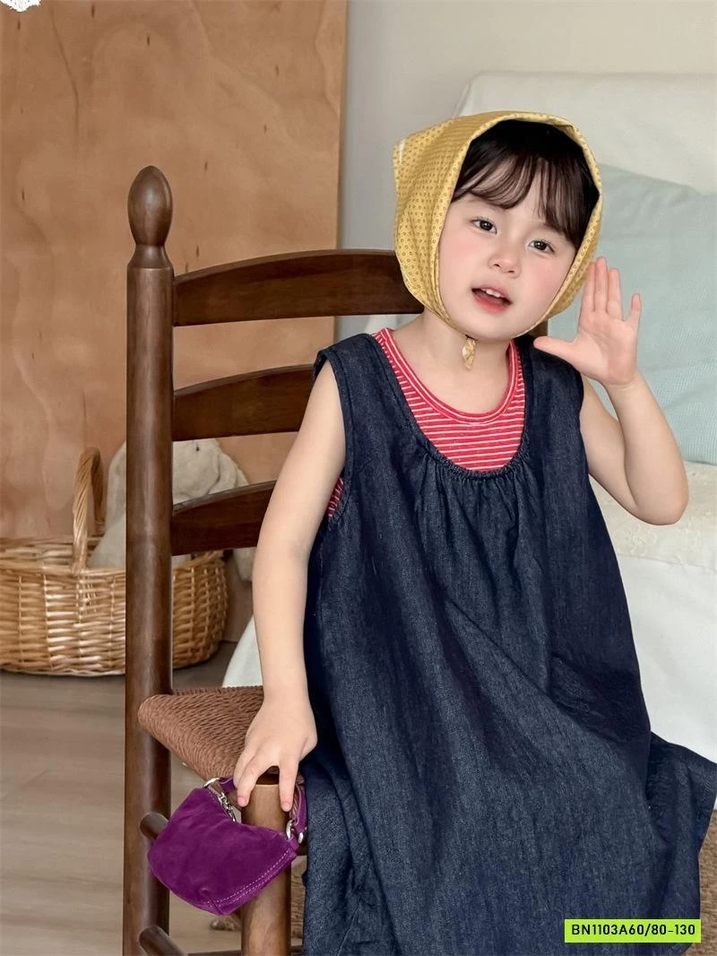 ĐẦM DENIM MIX ÁO KẺ ĐỎ