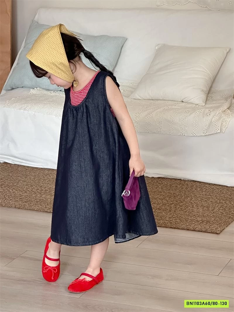 ĐẦM DENIM MIX ÁO KẺ ĐỎ