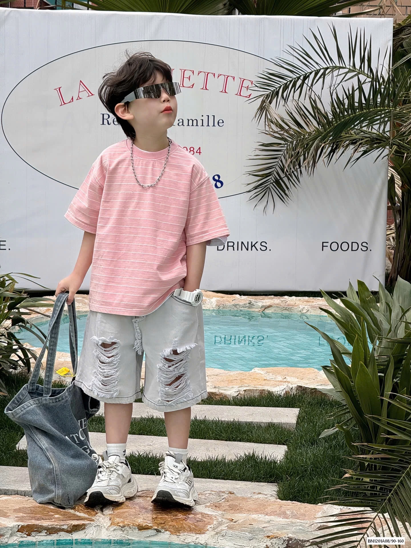 ÁO KẺ HỒNG MIX JEANS RÁCH