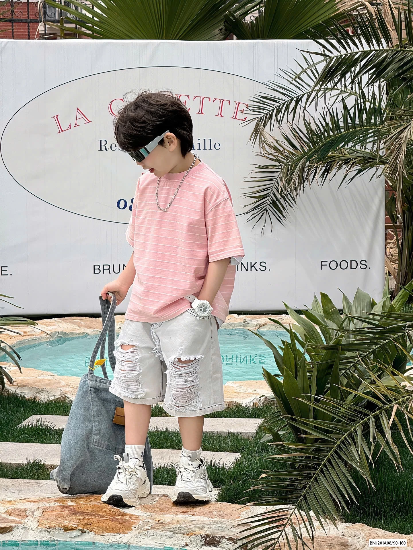 ÁO KẺ HỒNG MIX JEANS RÁCH