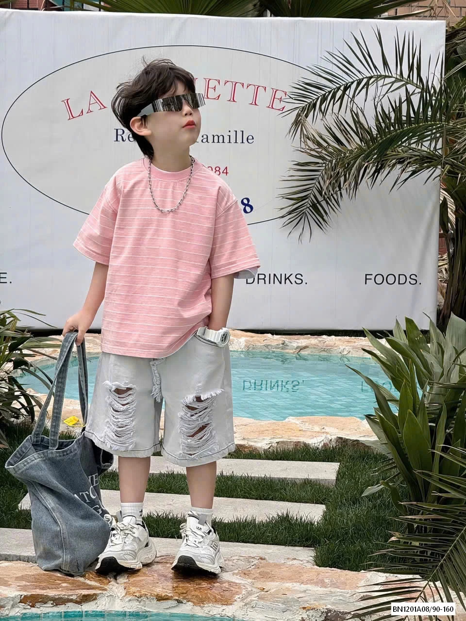 ÁO KẺ HỒNG MIX JEANS RÁCH