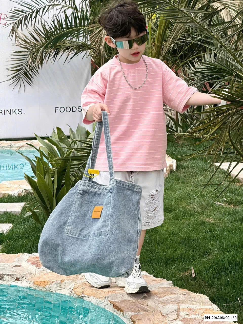 ÁO KẺ HỒNG MIX JEANS RÁCH