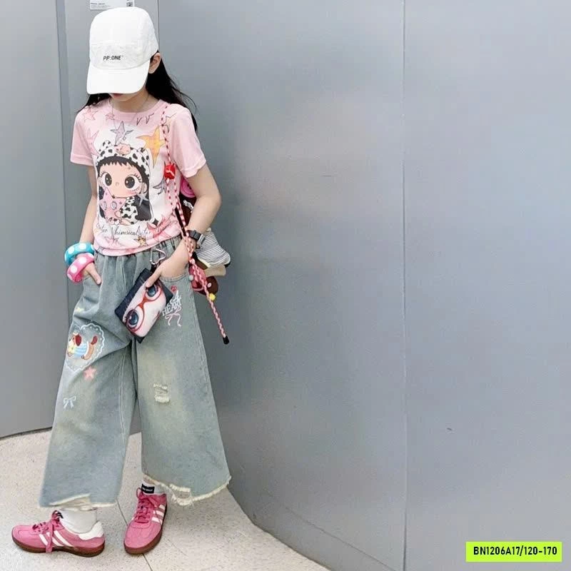 ÁO THUN HỒNG HOẠT TIẾT MIX JEANS LỠ
