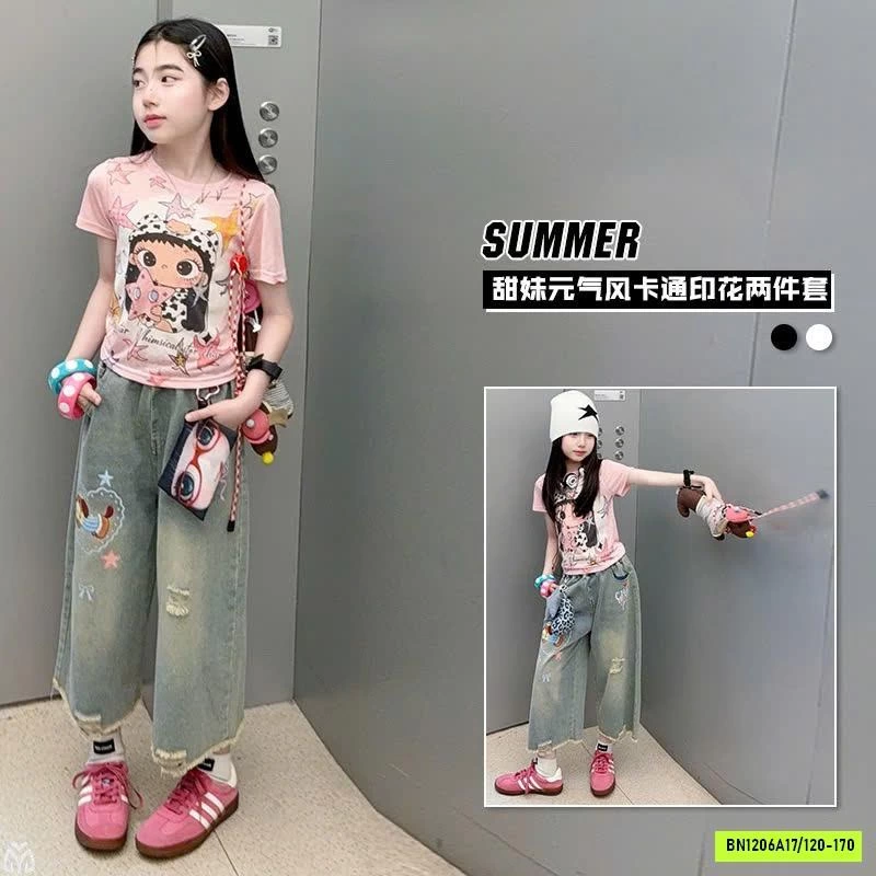 ÁO THUN HỒNG HOẠT TIẾT MIX JEANS LỠ