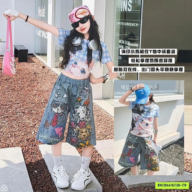CROPTOP CARO XANH MIX JEANS LỠ IN CÚN