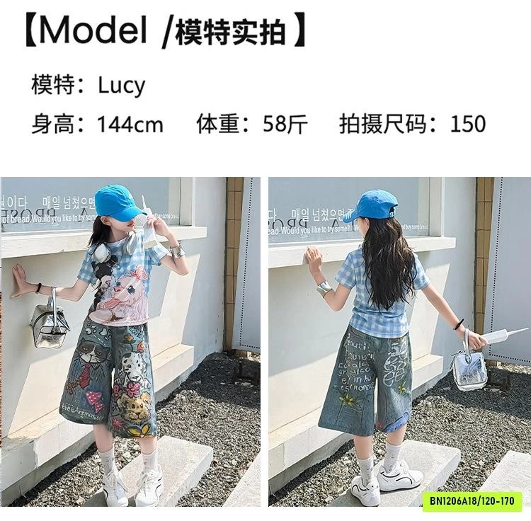 CROPTOP CARO XANH MIX JEANS LỠ IN CÚN