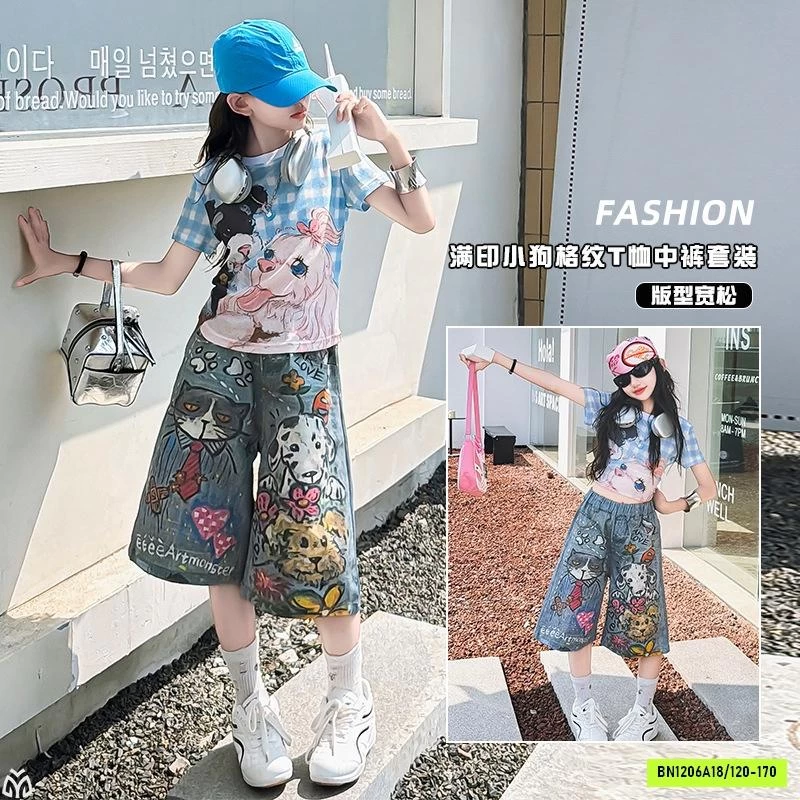 CROPTOP CARO XANH MIX JEANS LỠ IN CÚN