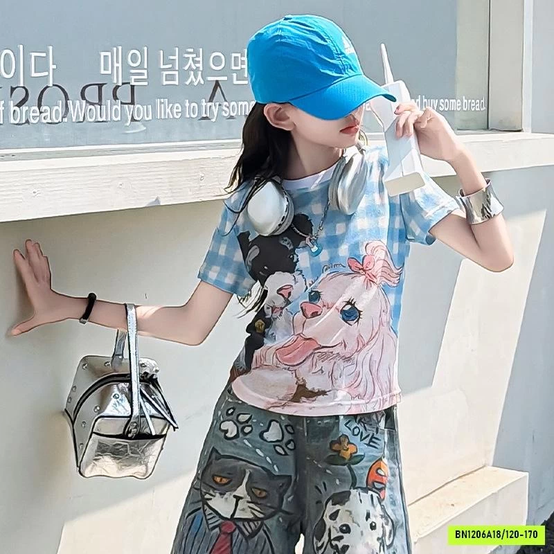 CROPTOP CARO XANH MIX JEANS LỠ IN CÚN