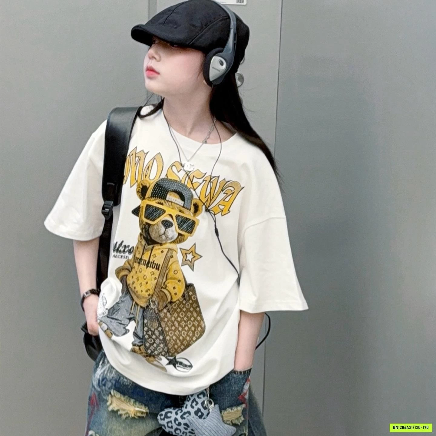 ÁO THUN GẤU MIX JEANS RÁCH CÁ TÍNH