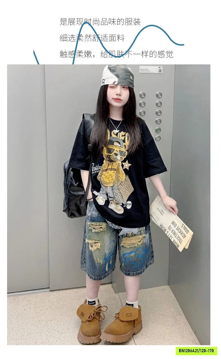 ÁO THUN GẤU MIX JEANS RÁCH CÁ TÍNH