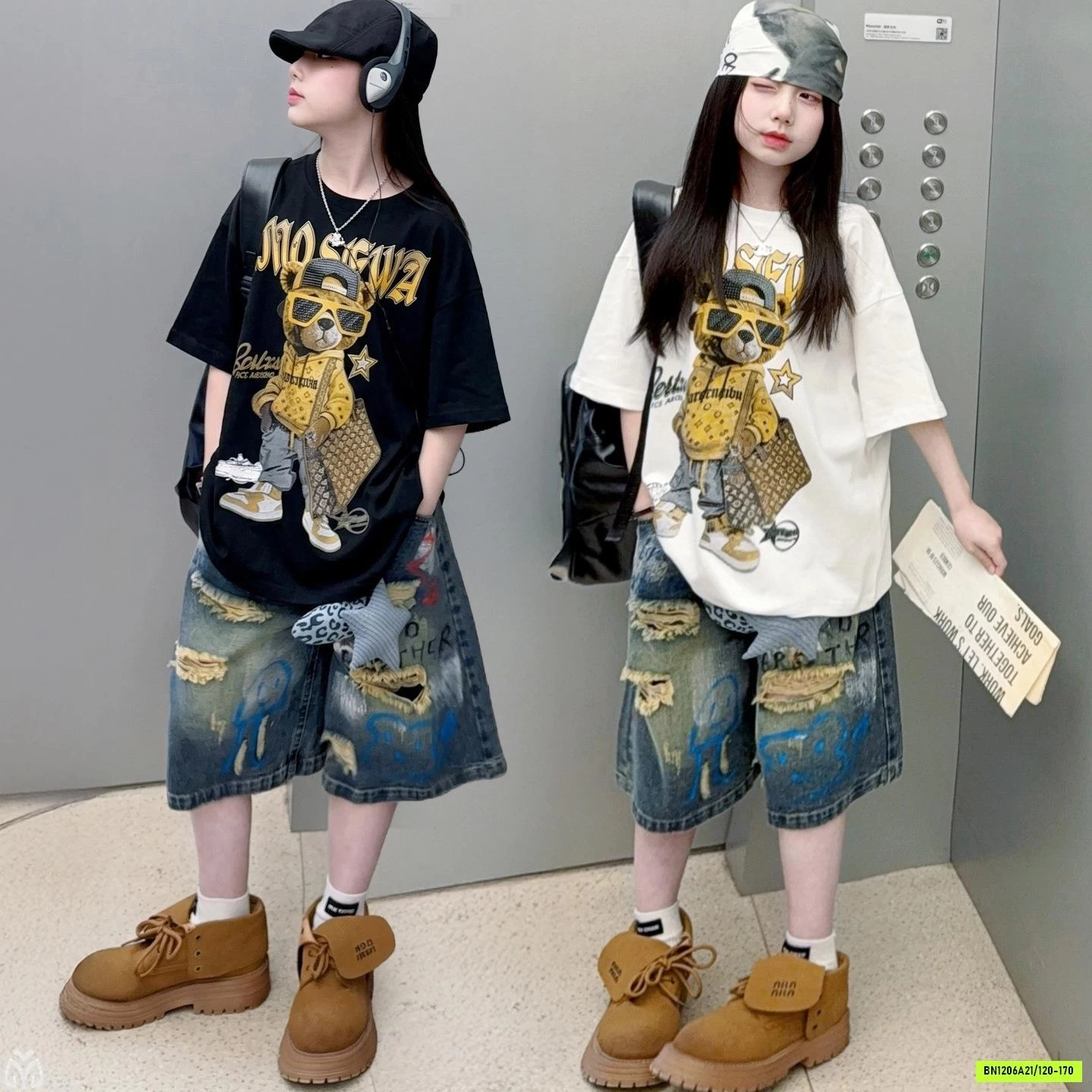 ÁO THUN GẤU MIX JEANS RÁCH CÁ TÍNH