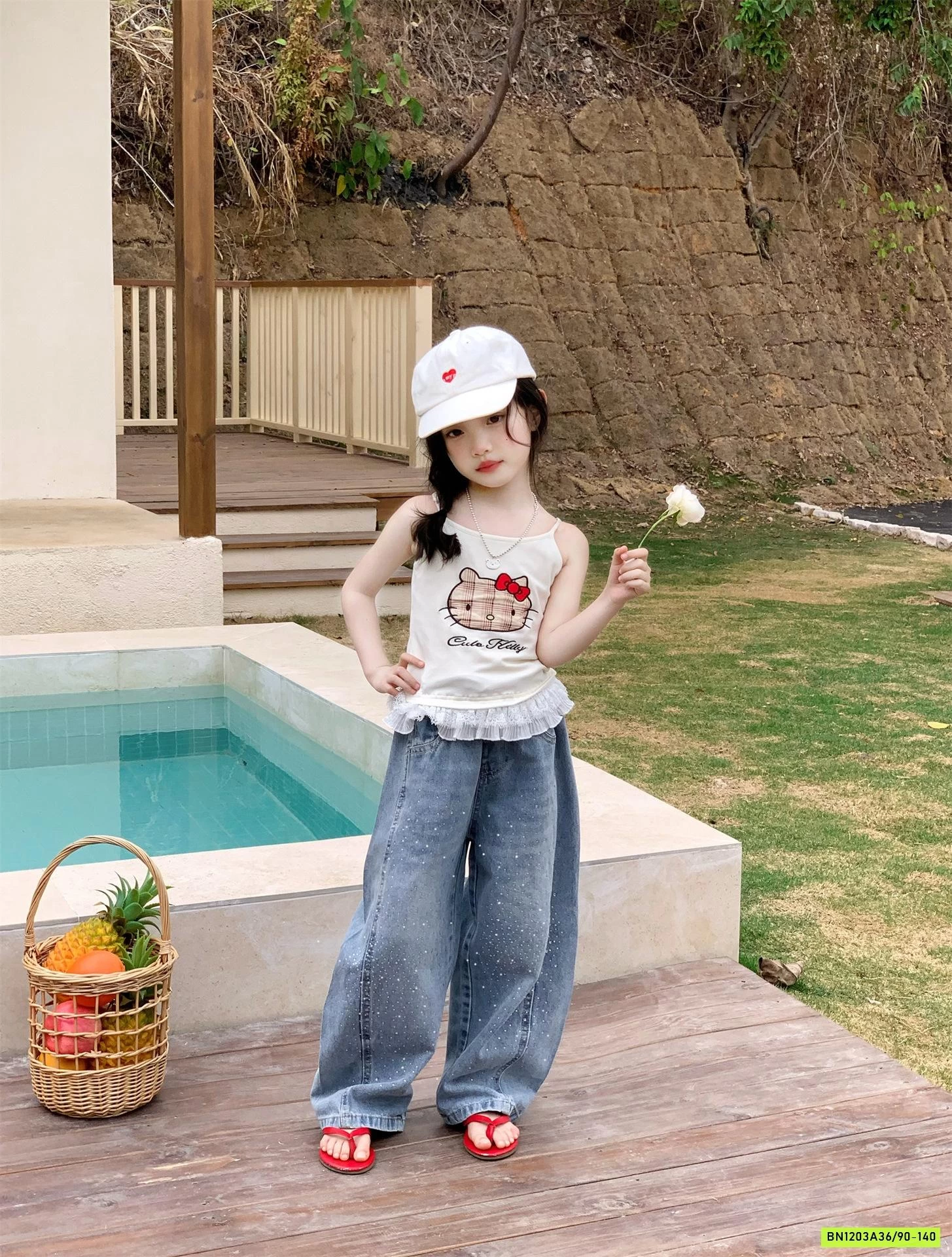 ÁO 2 DÂY KITTY MIX JEANS SUÔNG ĐÍNH ĐÁ