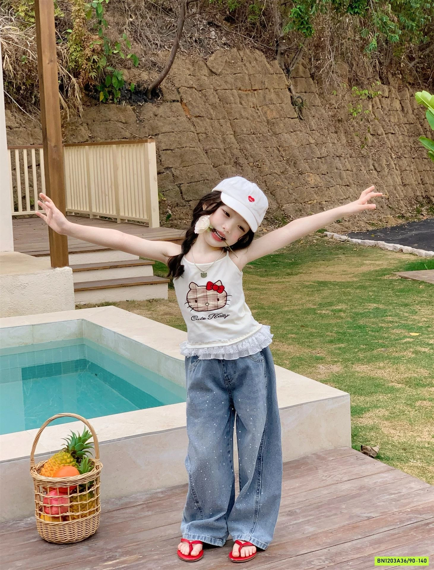 ÁO 2 DÂY KITTY MIX JEANS SUÔNG ĐÍNH ĐÁ