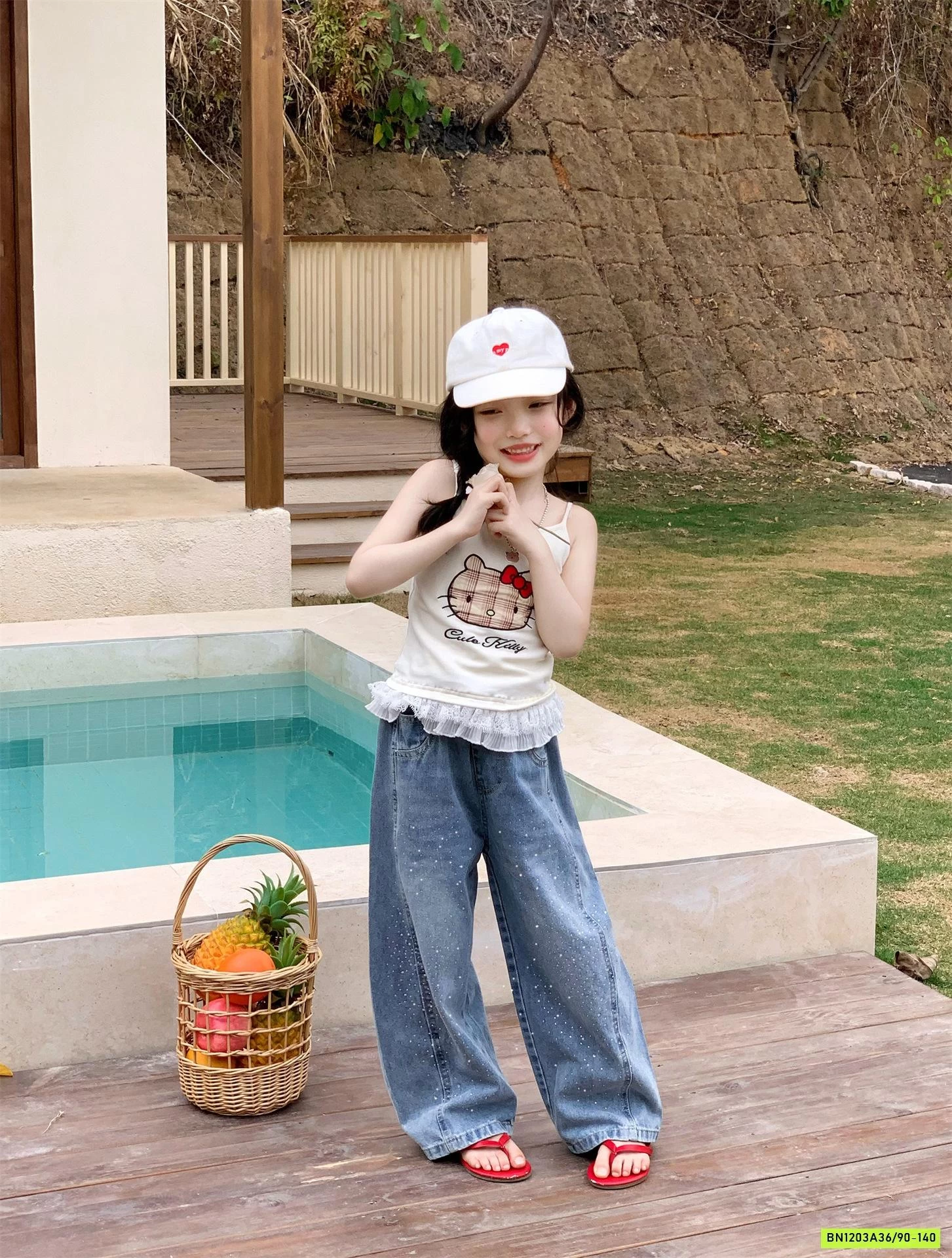 ÁO 2 DÂY KITTY MIX JEANS SUÔNG ĐÍNH ĐÁ