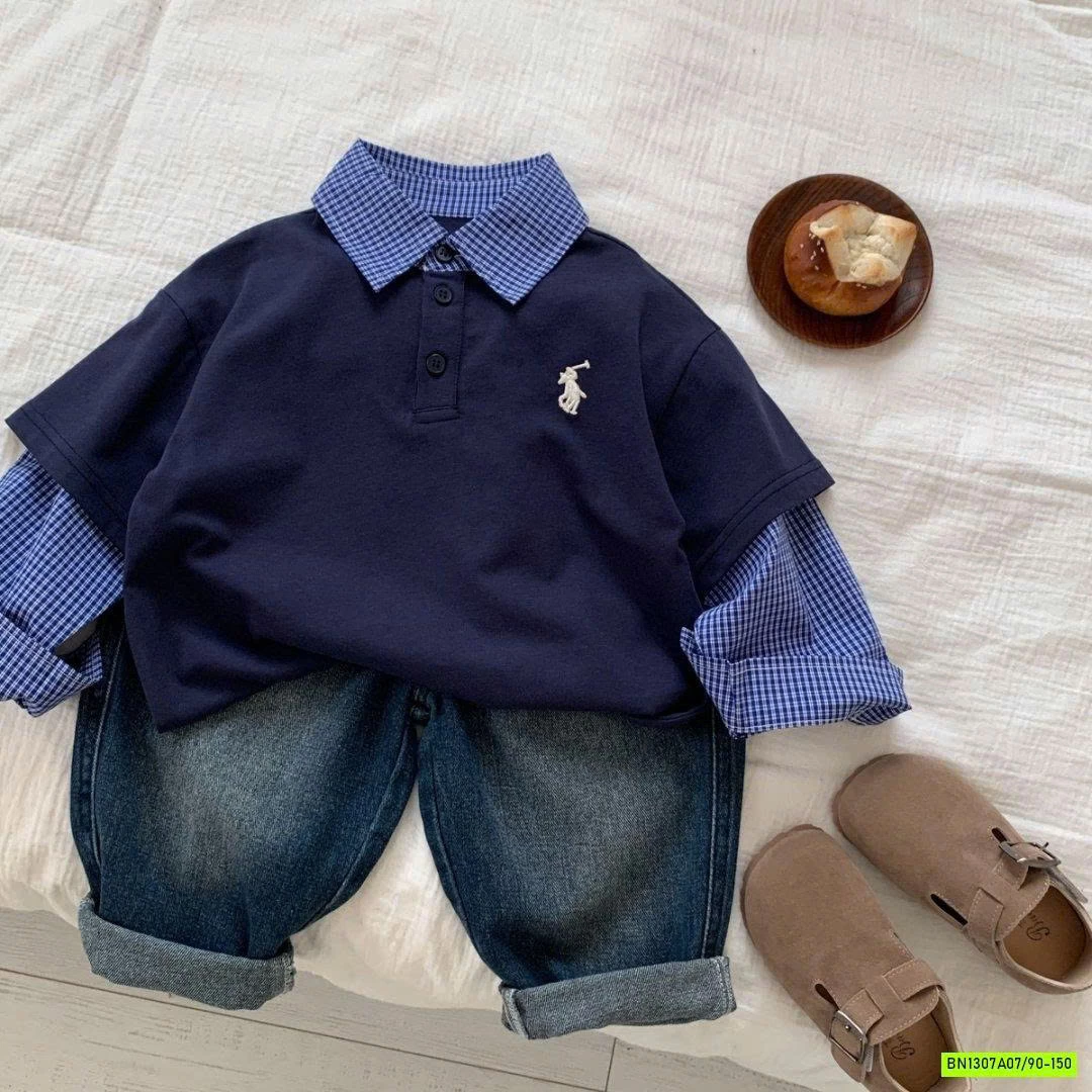 ÁO POLO GIẢ 2 LỚP CARO XANH