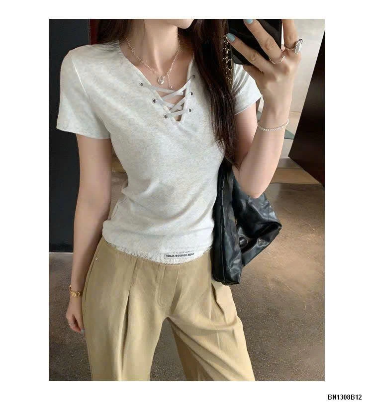 ÁO THUN NGẮN TAY CỔ V ĐAN DÂY