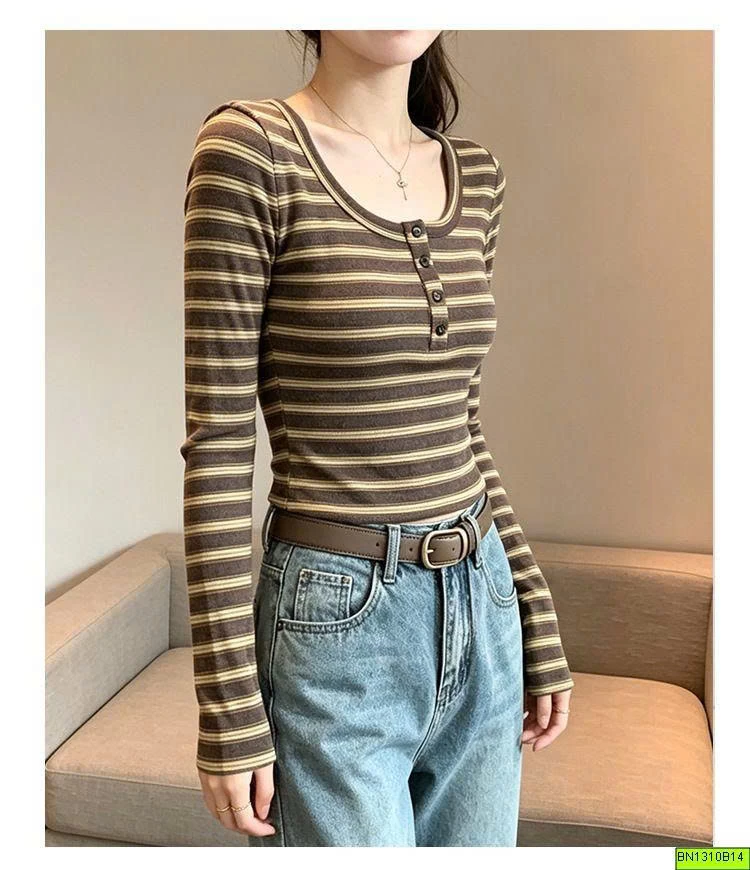 ÁO THUN KẺ DÀI TAY CÚC CỔ