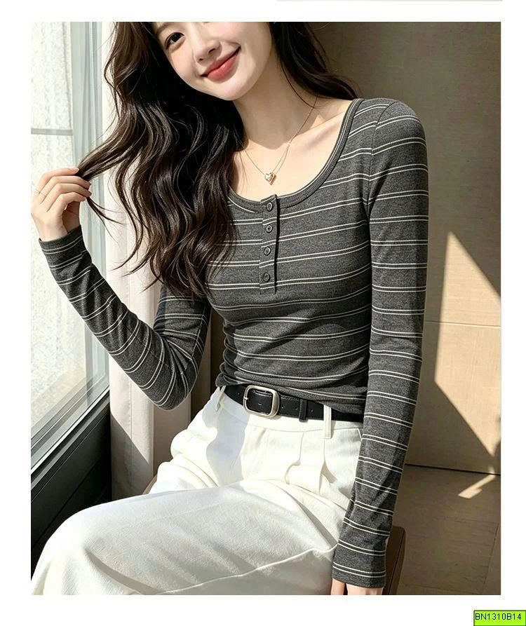 ÁO THUN KẺ DÀI TAY CÚC CỔ