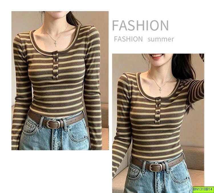 ÁO THUN KẺ DÀI TAY CÚC CỔ