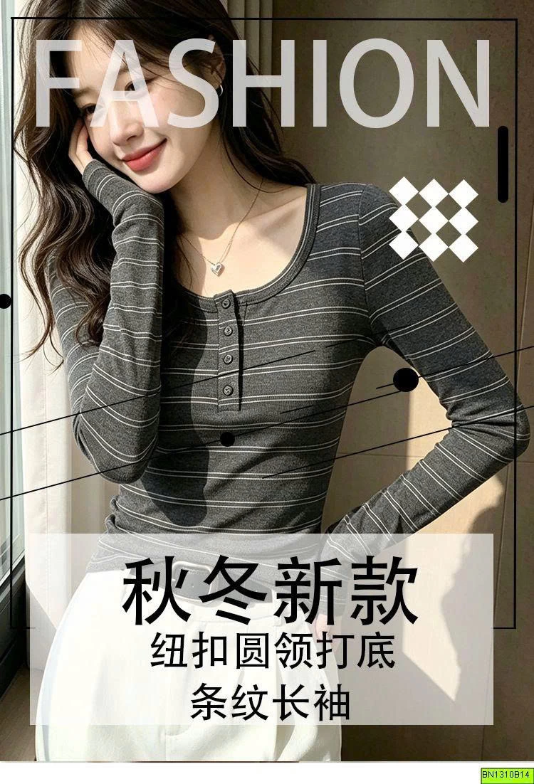 ÁO THUN KẺ DÀI TAY CÚC CỔ