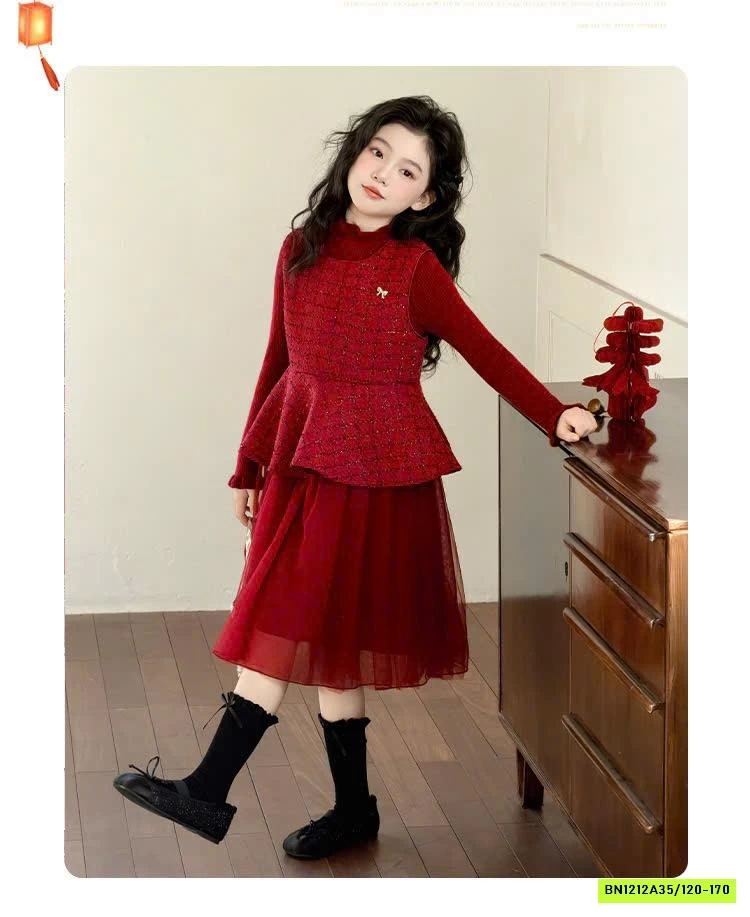 SÉT VÁY DẠ ĐỎ PHỐI VOAN ĐỎ LÓT NHUNG