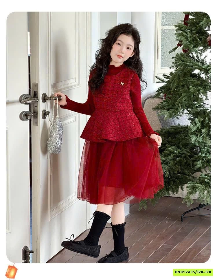 SÉT VÁY DẠ ĐỎ PHỐI VOAN ĐỎ LÓT NHUNG