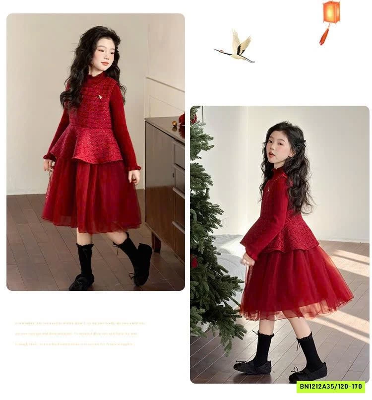 SÉT VÁY DẠ ĐỎ PHỐI VOAN ĐỎ LÓT NHUNG