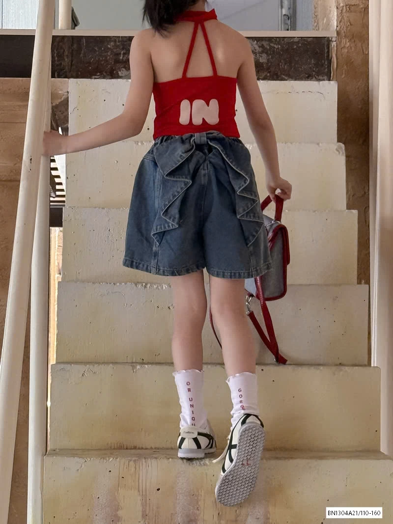 ÁO YẾM ĐỎ MIX SHORT JEANS NƠ