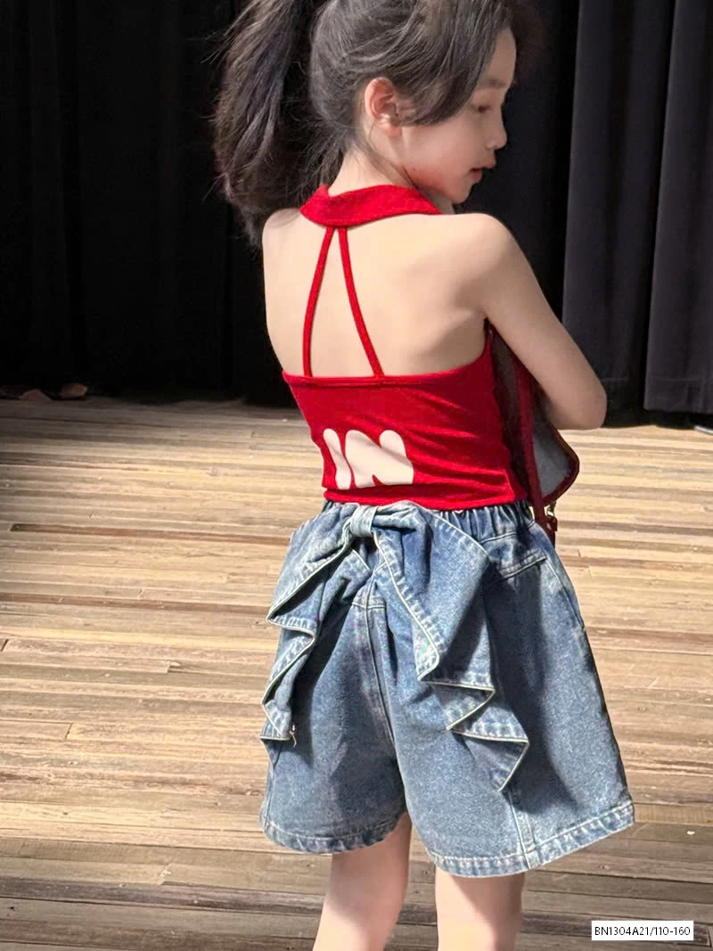 ÁO YẾM ĐỎ MIX SHORT JEANS NƠ