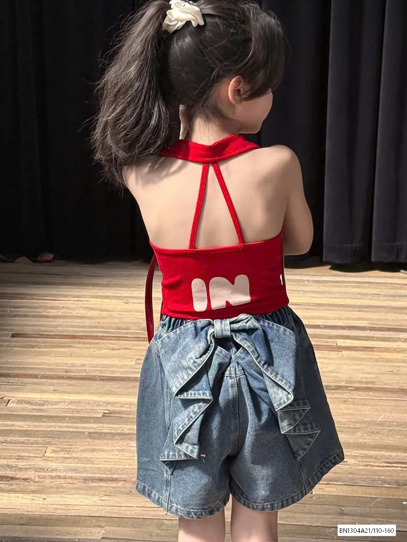 ÁO YẾM ĐỎ MIX SHORT JEANS NƠ