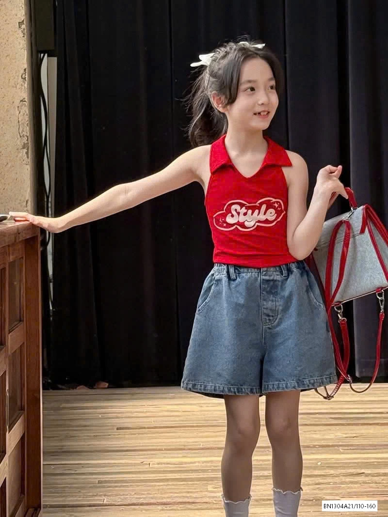 ÁO YẾM ĐỎ MIX SHORT JEANS NƠ