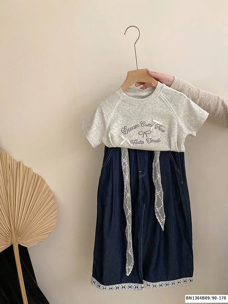 SÉT QUẦN JEANS REN GẤU MIX ÁO THUN NƠ