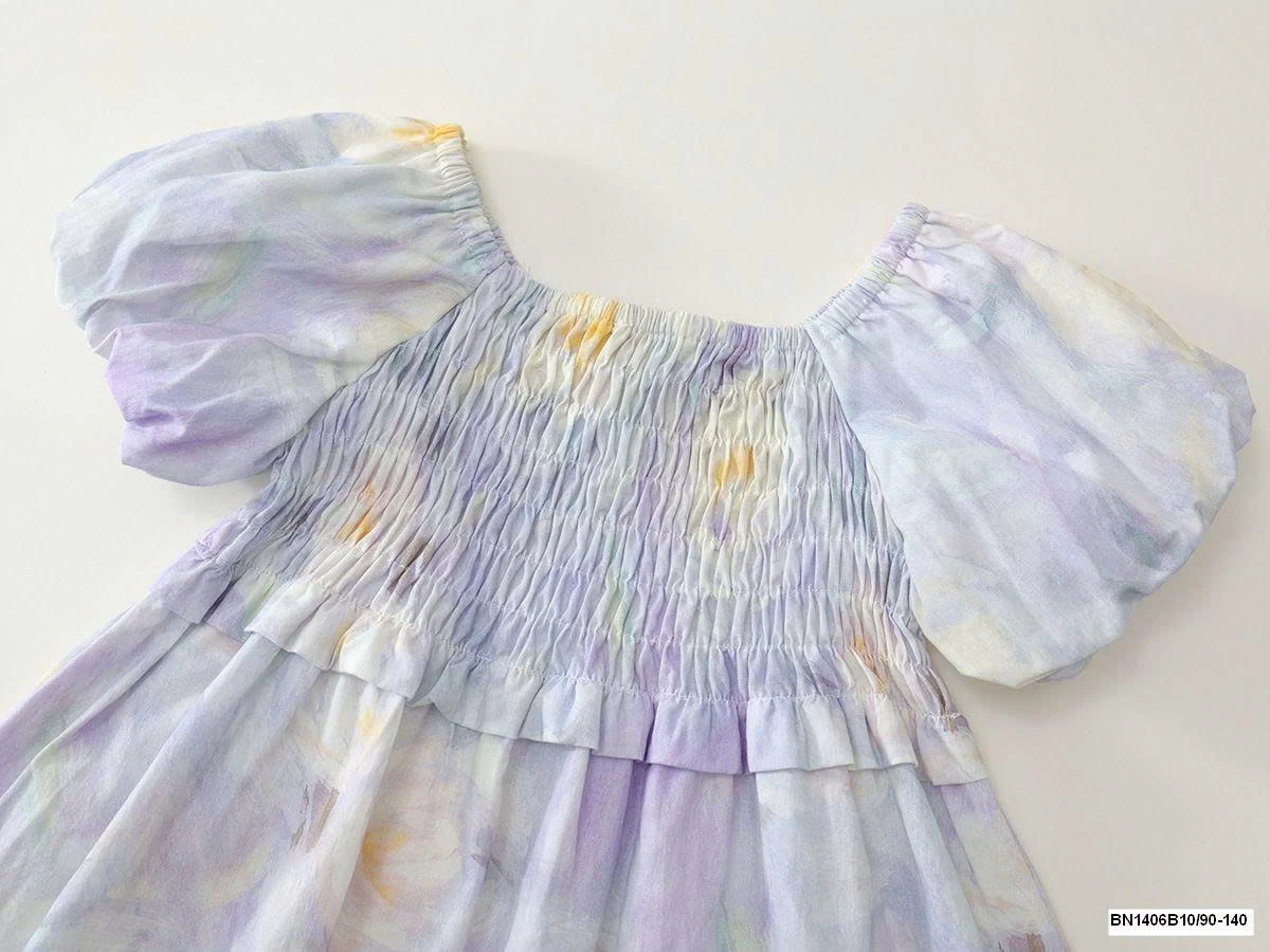 ĐẦM HOA TÍM TAY BỒNG CHUN NGỰC