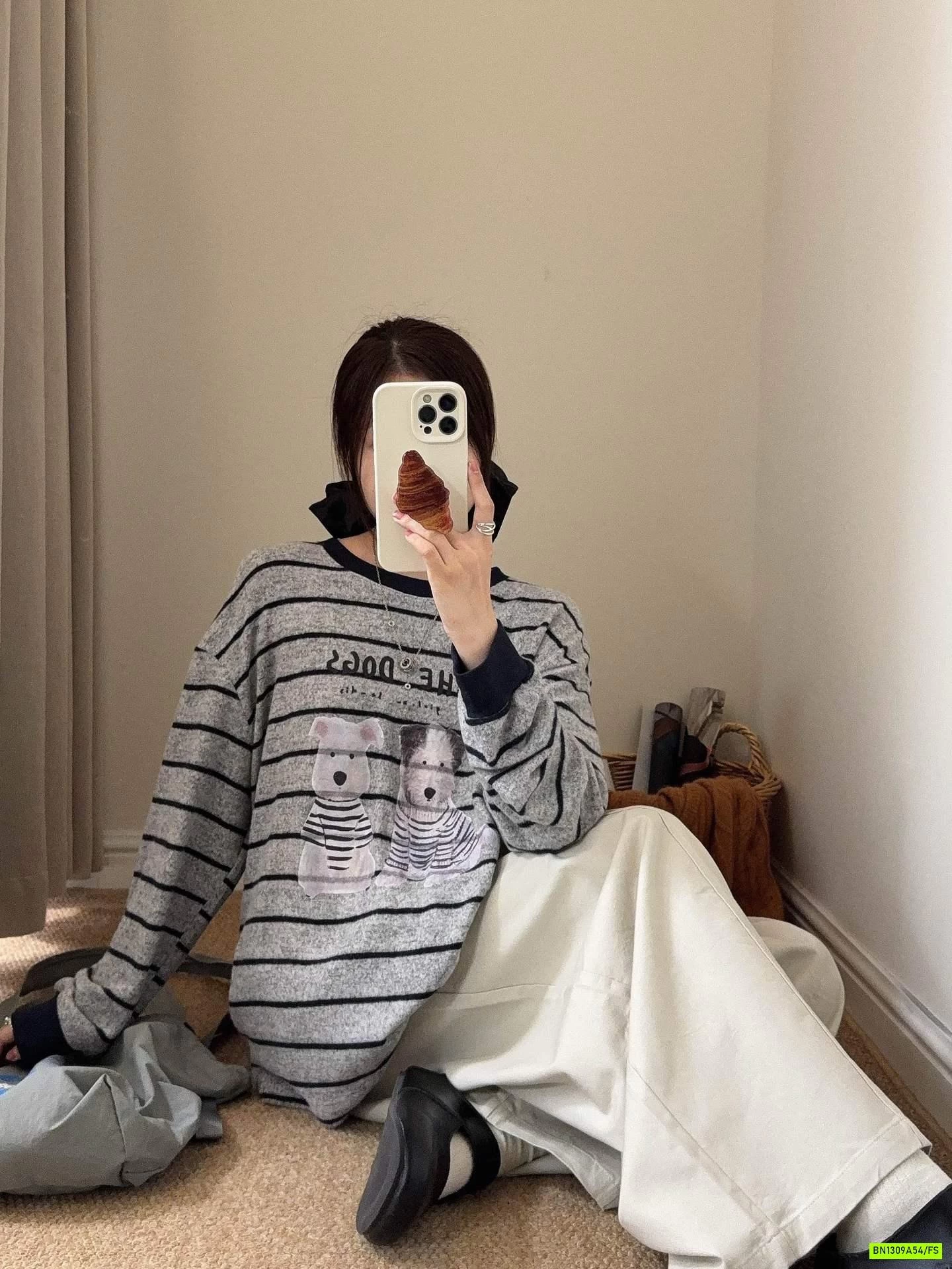 ÁO THUN DỆT KẺ NGANG IN CÚN