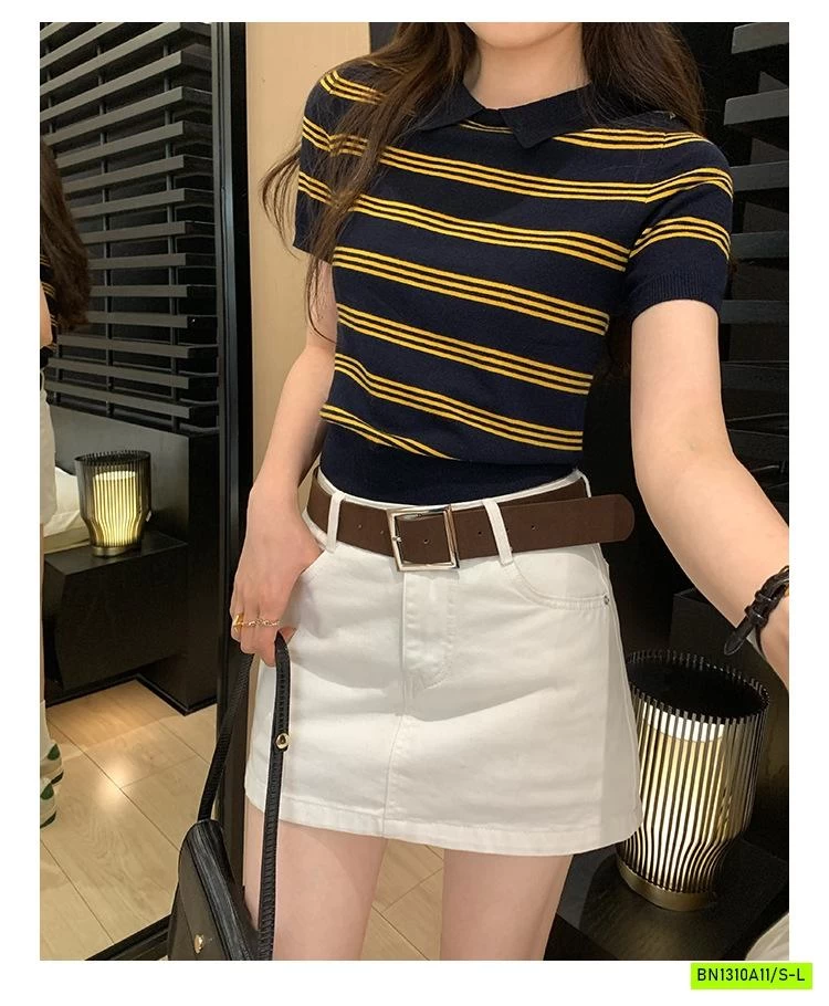 POLO LEN KẺ NGẮN TAY